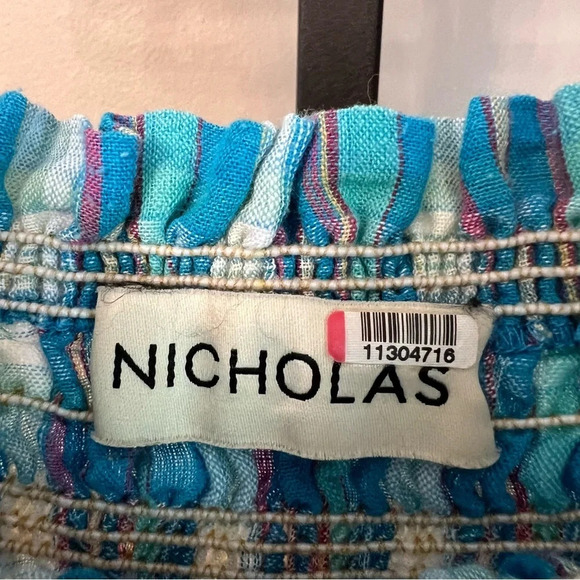 Nicholas Smocked Apron Plaid Midi Dress Turquoise Blue 2 Summer Boho Coastal - Picture 4 of 7